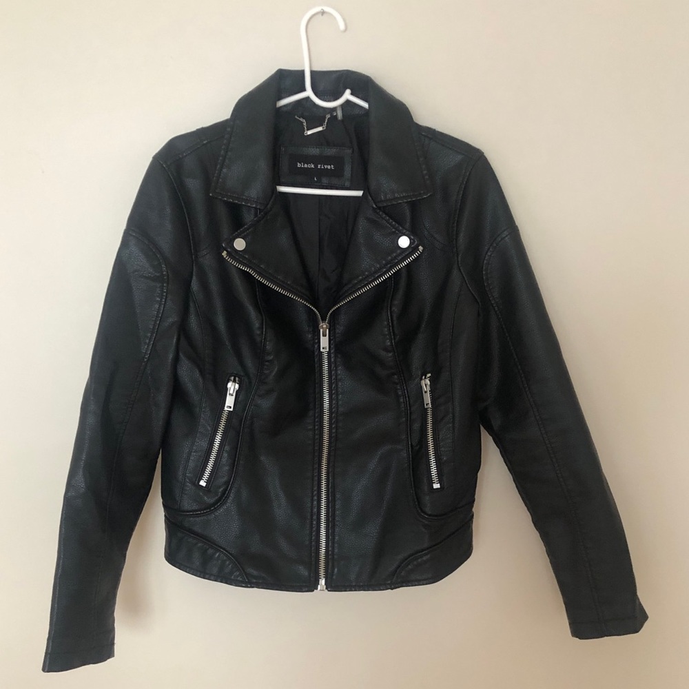 Black Rivet women’s black leather coat, never worn! Excellent condition.